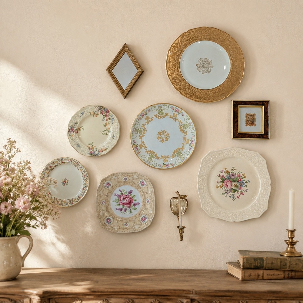 Vintage Gallery Wall Set Mixed Gold Cream Floral 9pc Plate Mirror Art Brass
